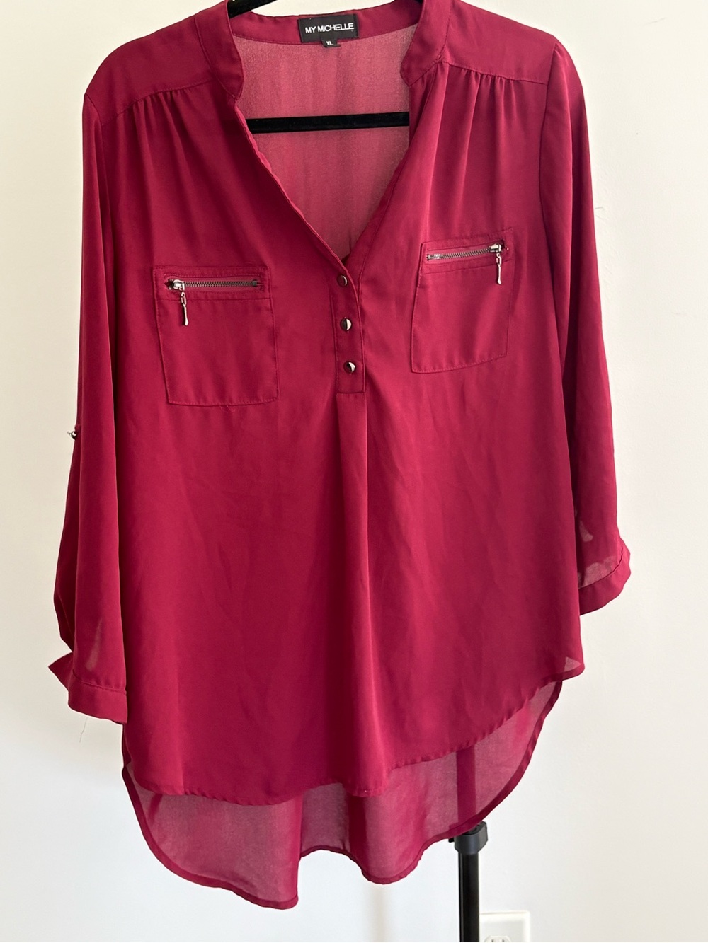 My Michelle Burgundy Zip-Pocket Tunic Blouse